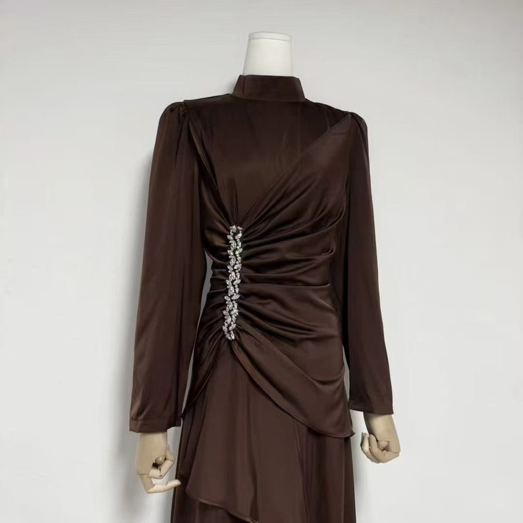 Crystal - Embellished Ruched Dress with Asymmetric Ruffle Skirt(MS346) - Mariam's Collection