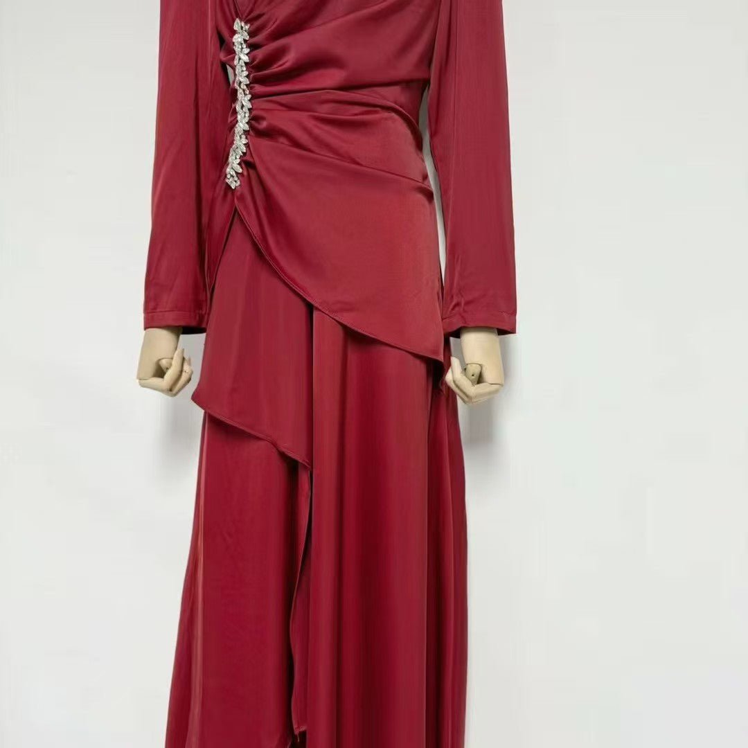 Crystal - Embellished Ruched Dress with Asymmetric Ruffle Skirt(MS346) - Mariam's Collection