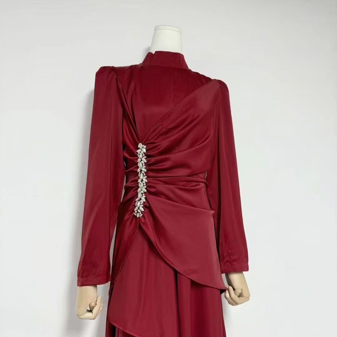 Crystal - Embellished Ruched Dress with Asymmetric Ruffle Skirt(MS346) - Mariam's Collection