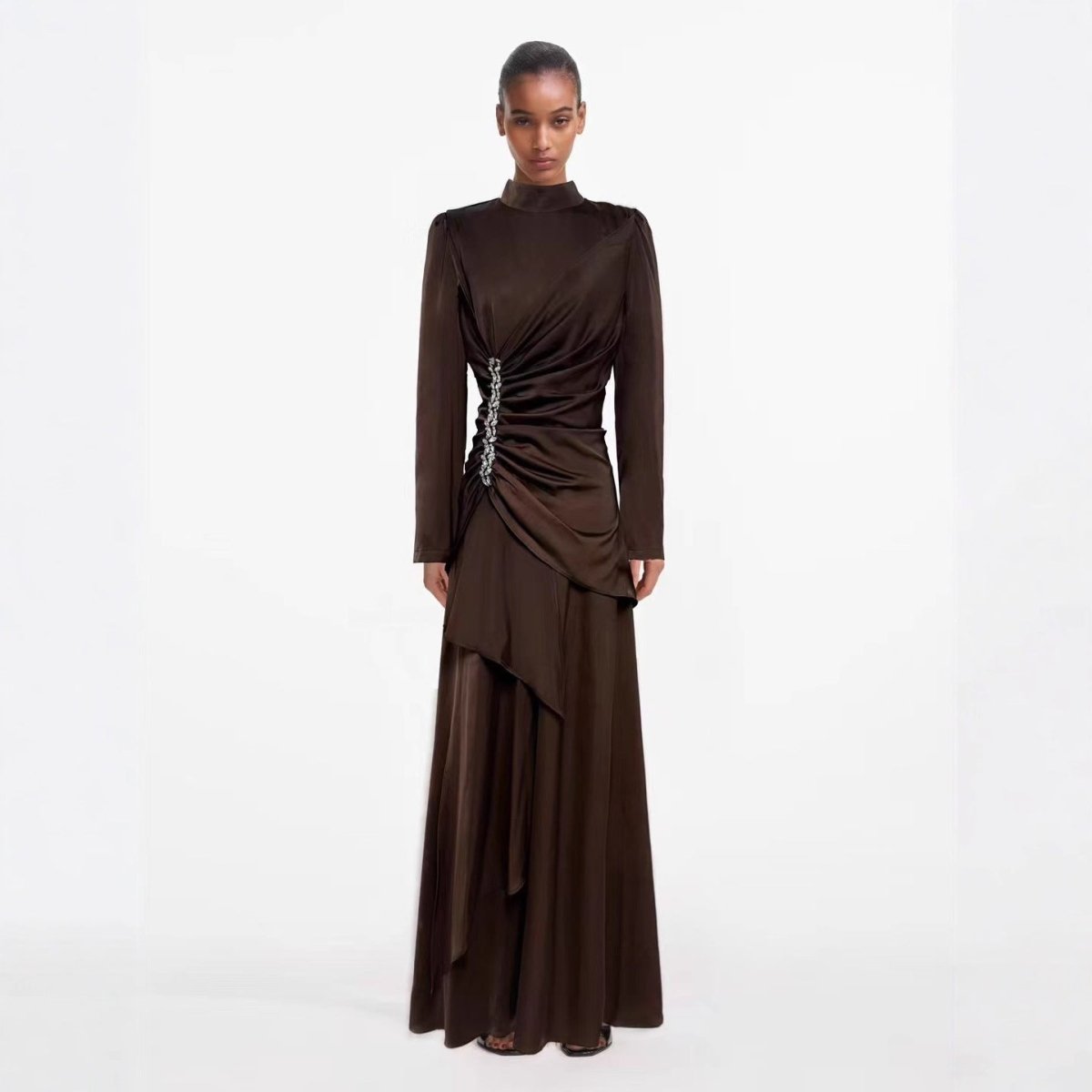 Crystal - Embellished Ruched Dress with Asymmetric Ruffle Skirt(MS346) - Mariam's Collection
