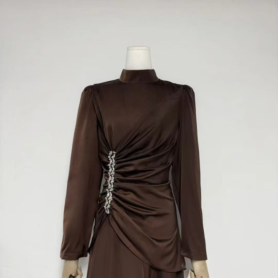 Crystal - Embellished Ruched Dress with Asymmetric Ruffle Skirt(MS346) - Mariam's Collection