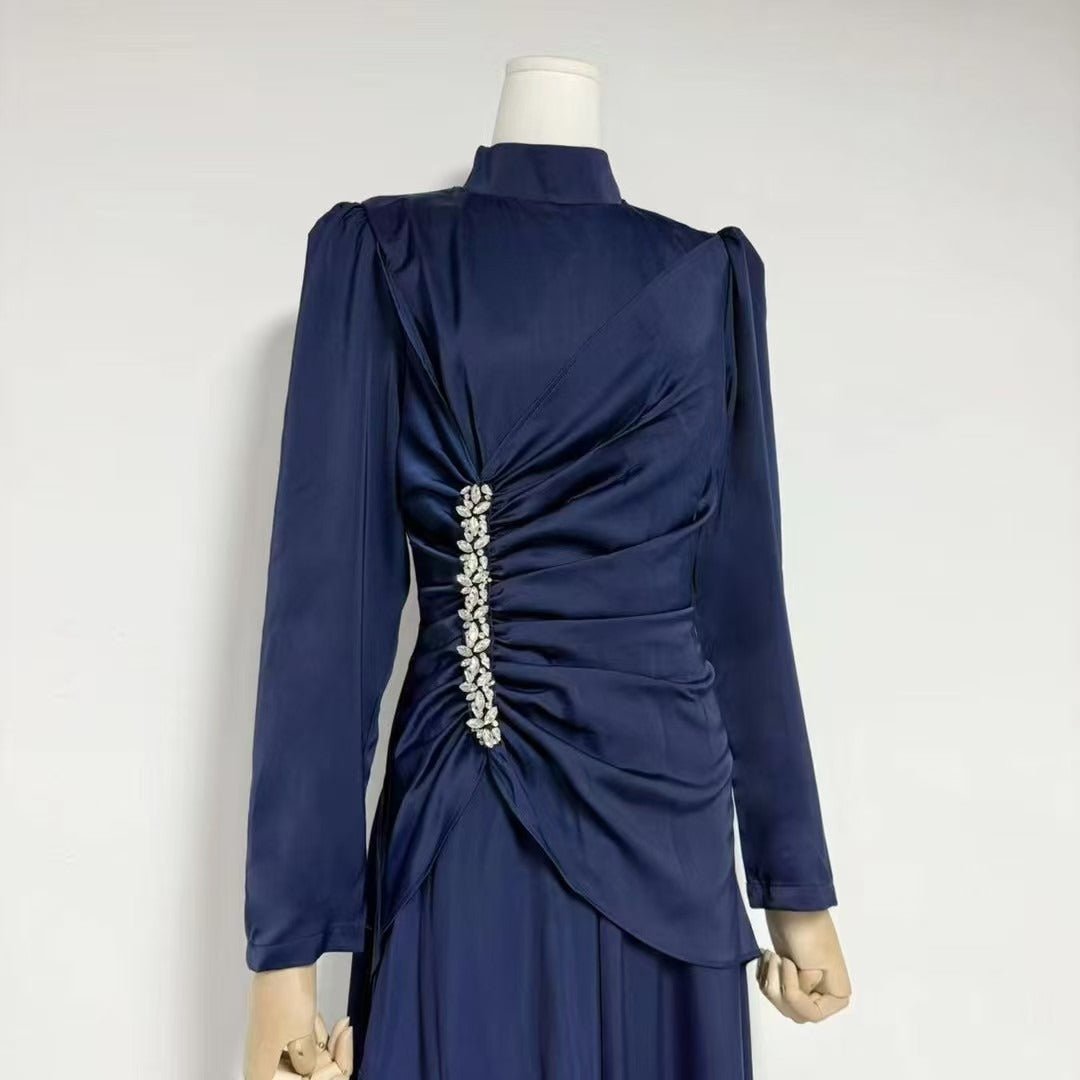 Crystal - Embellished Ruched Dress with Asymmetric Ruffle Skirt(MS346) - Mariam's Collection