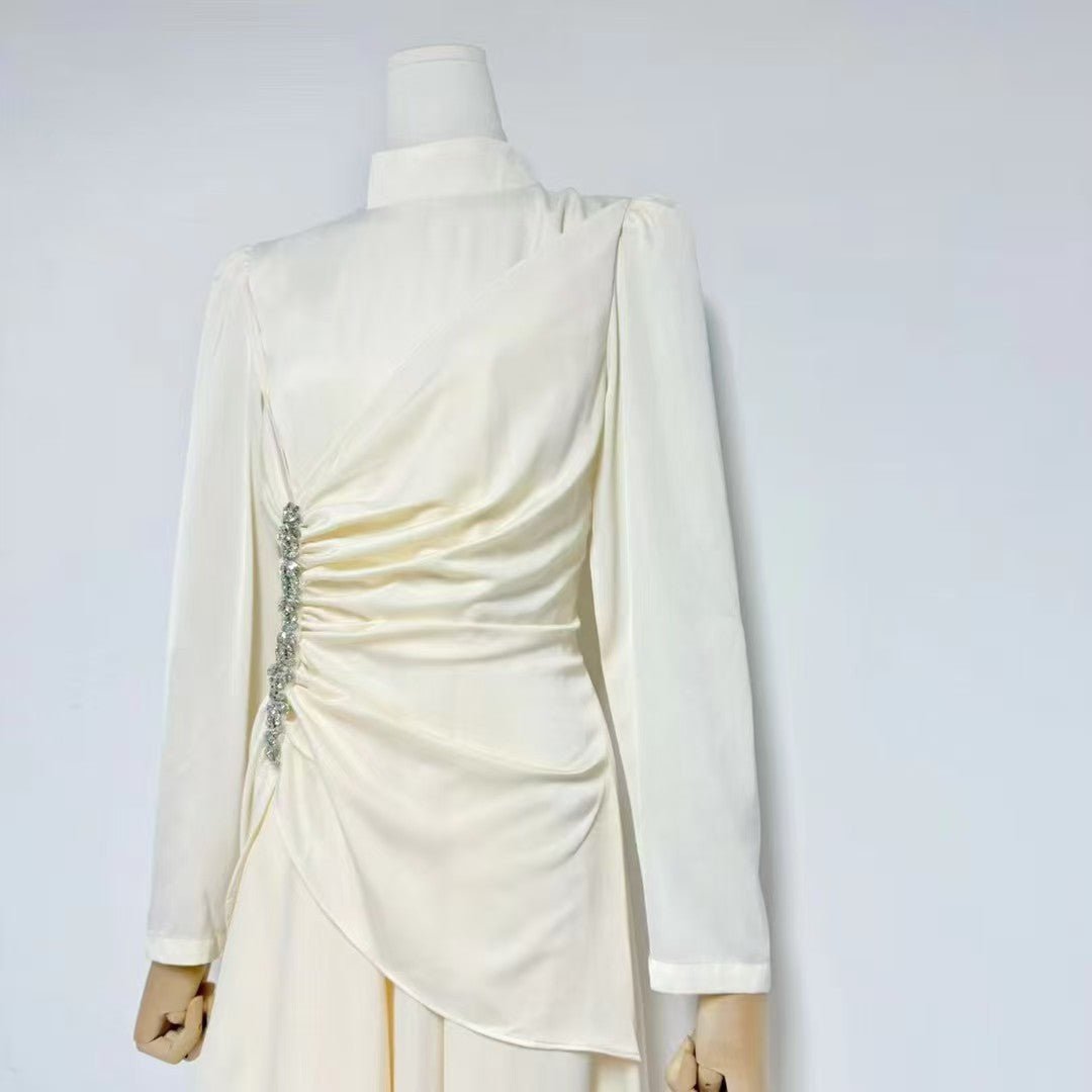 Crystal - Embellished Ruched Dress with Asymmetric Ruffle Skirt(MS346) - Mariam's Collection