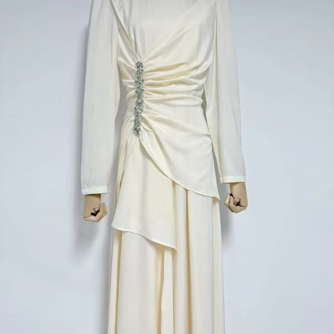 Crystal - Embellished Ruched Dress with Asymmetric Ruffle Skirt(MS346) - Mariam's Collection