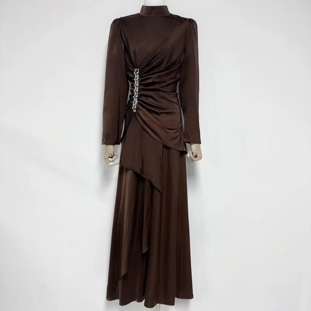 Crystal - Embellished Ruched Dress with Asymmetric Ruffle Skirt(MS346) - Mariam's Collection