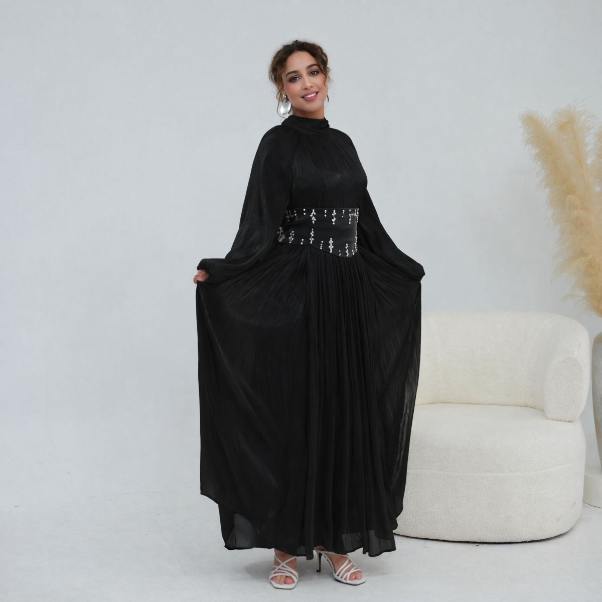 Crystal-Embellished Wide Belt Puff-Sleeve Maxi Dress(MS477) - Mariam's Collection