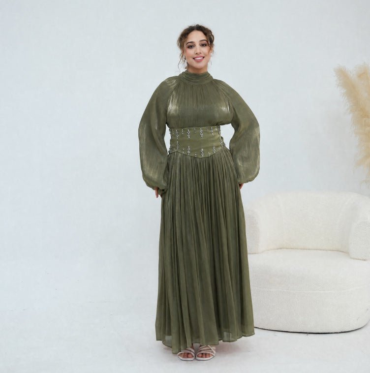 Crystal-Embellished Wide Belt Puff-Sleeve Maxi Dress(MS477) - Mariam's Collection