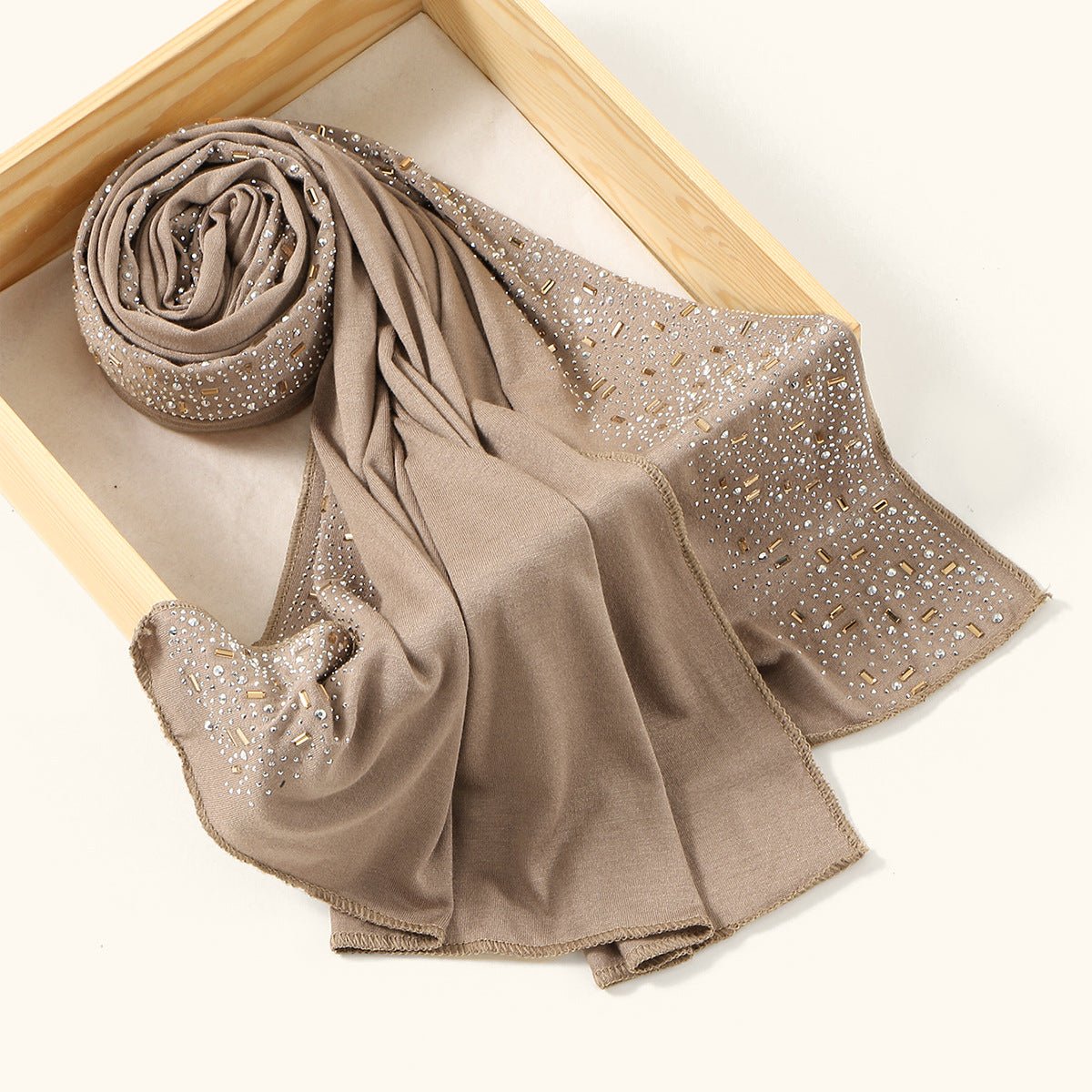 Crystal & Gold Baguette Rhinestone Embellished Hijab Scarf(MH254) - Mariam's Collection