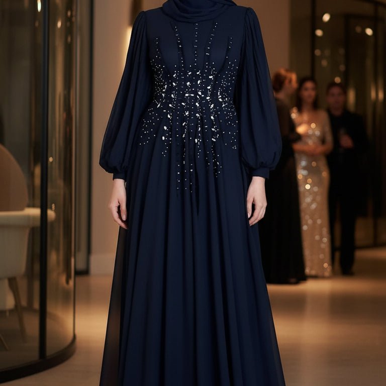 Crystal Hand - Embellished Chiffon Evening Abaya(MA356) - Mariam's Collection