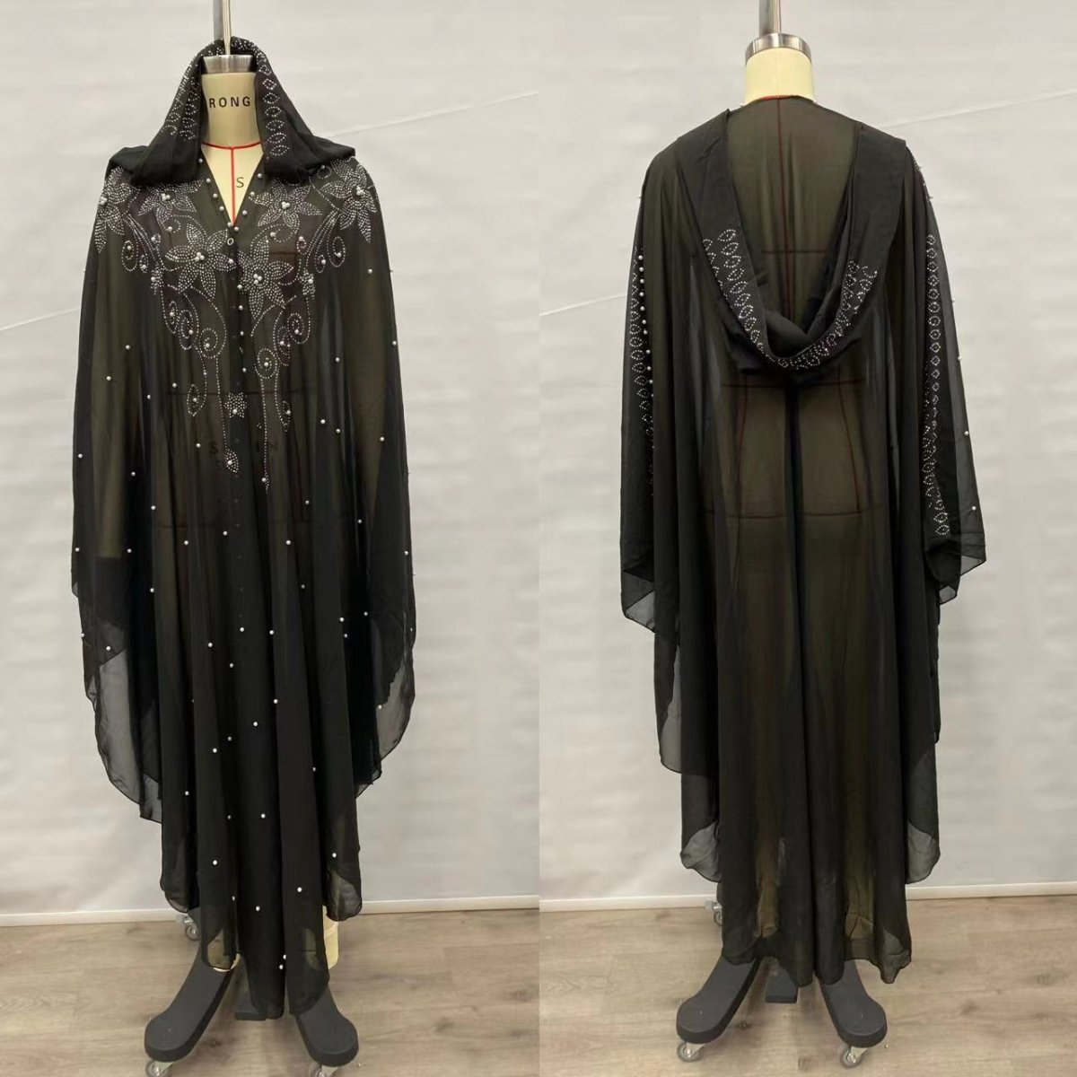 Crystal & Pearl Embellished Hooded Cape Abaya(MA366) - Mariam's Collection