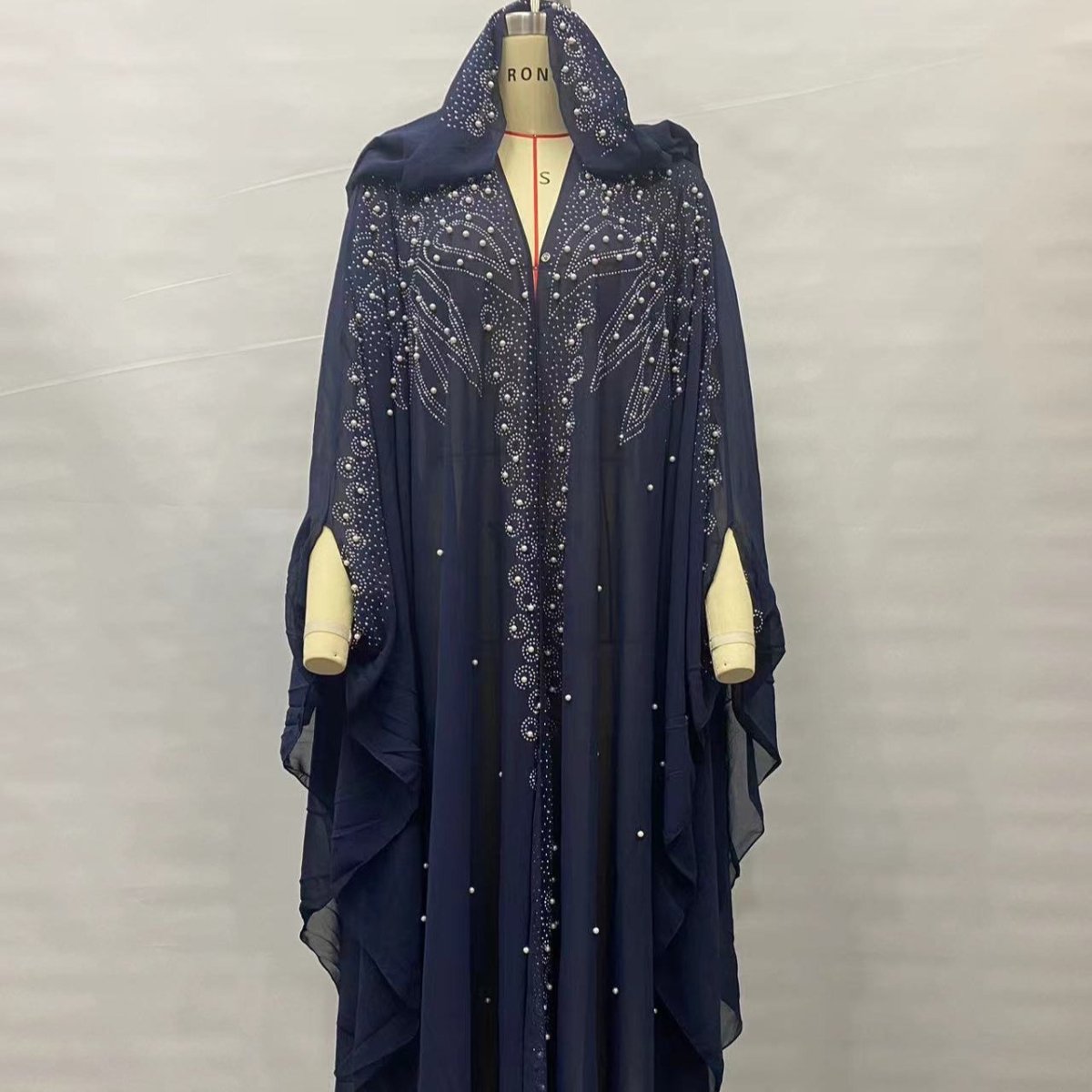 Crystal & Pearl Embellished Hooded Cape Abaya(MA366) - Mariam's Collection