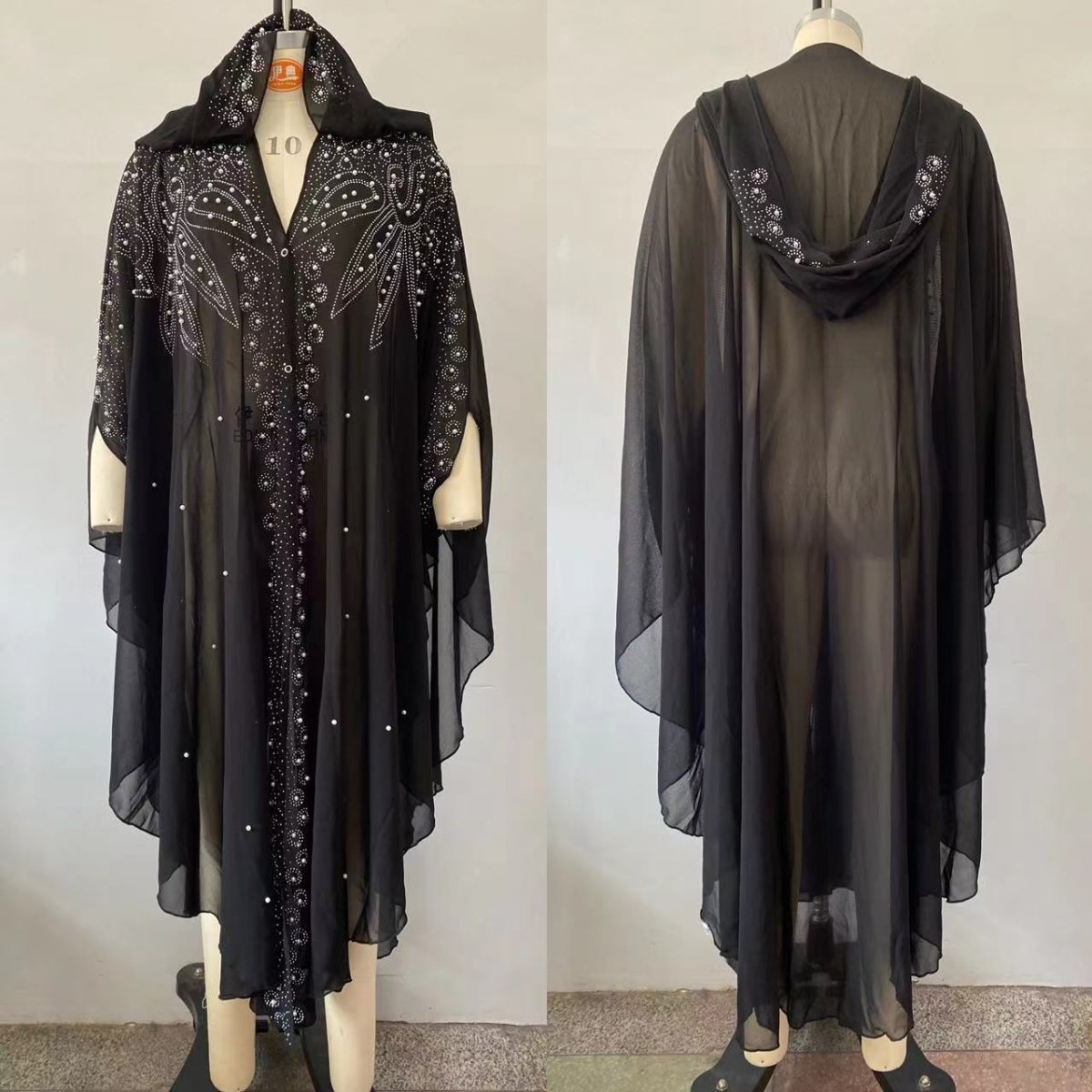 Crystal & Pearl Embellished Hooded Cape Abaya(MA366) - Mariam's Collection