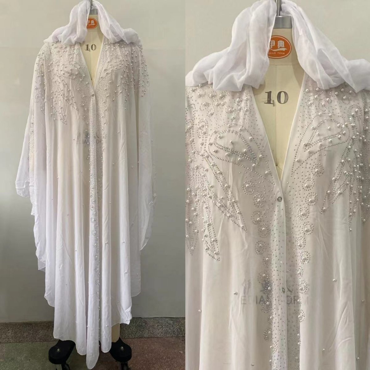 Crystal & Pearl Embellished Hooded Cape Abaya(MA366) - Mariam's Collection