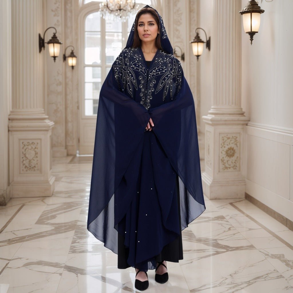Crystal & Pearl Embellished Hooded Cape Abaya(MA366) - Mariam's Collection