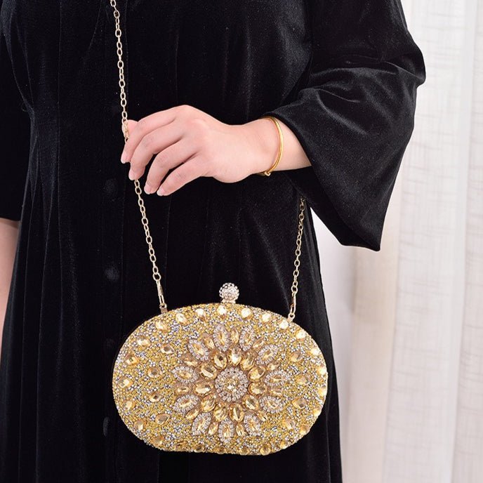 Crystal Sunflower Evening Clutch | Rhinestone Party Bag with Chain Handle(MAC356) - Mariam's Collection