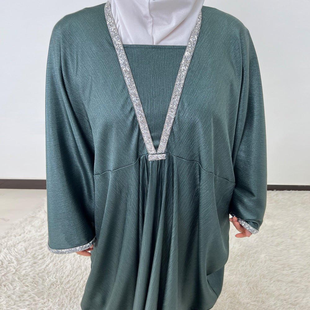 Crystal Trim Butterfly Sleeve Abaya | Oversized Prayer Dress(MA350) - Mariam's Collection