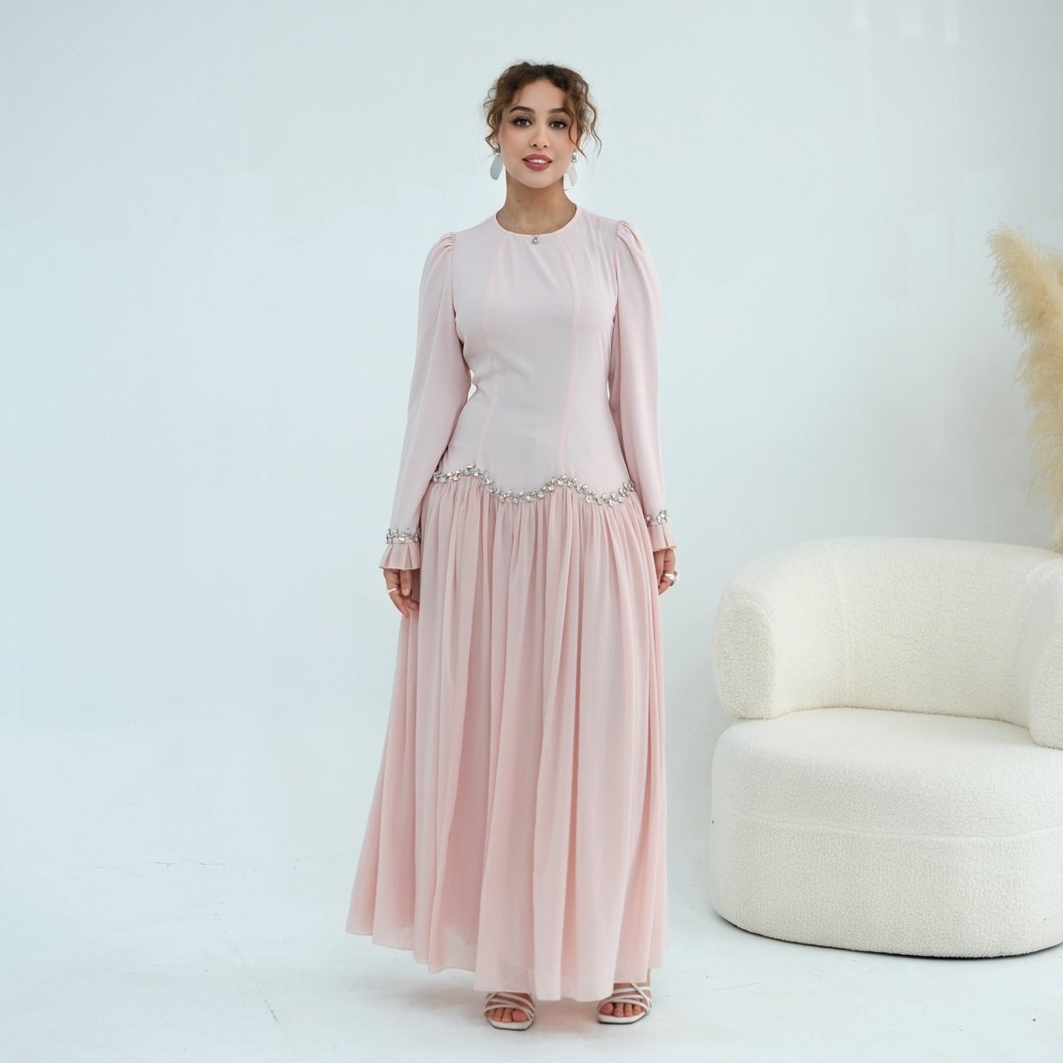 Crystal Ruffle Cuff Maxi Dress – Wedding Guest Maxi Dress