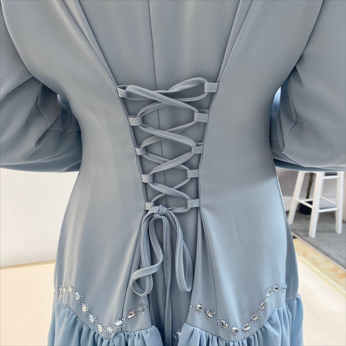 Crystal Waist Chain Dress with Ruffle Cuffs(MS306) - Mariam's Collection