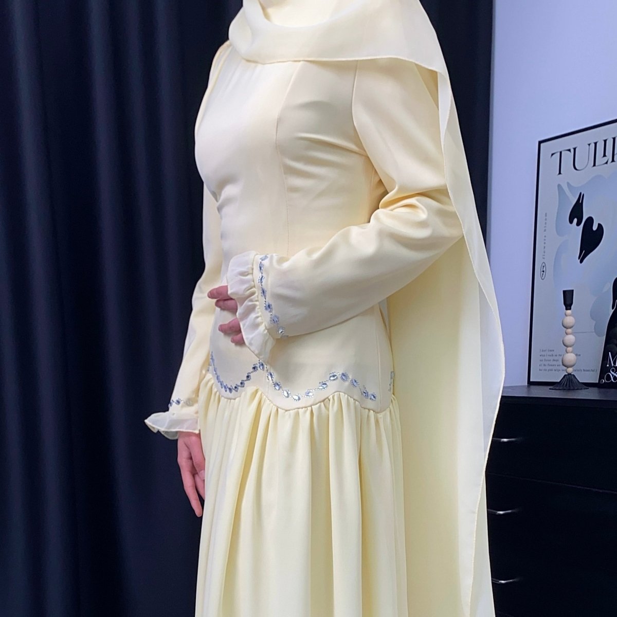 Crystal Waist Chain Dress with Ruffle Cuffs(MS306) - Mariam's Collection