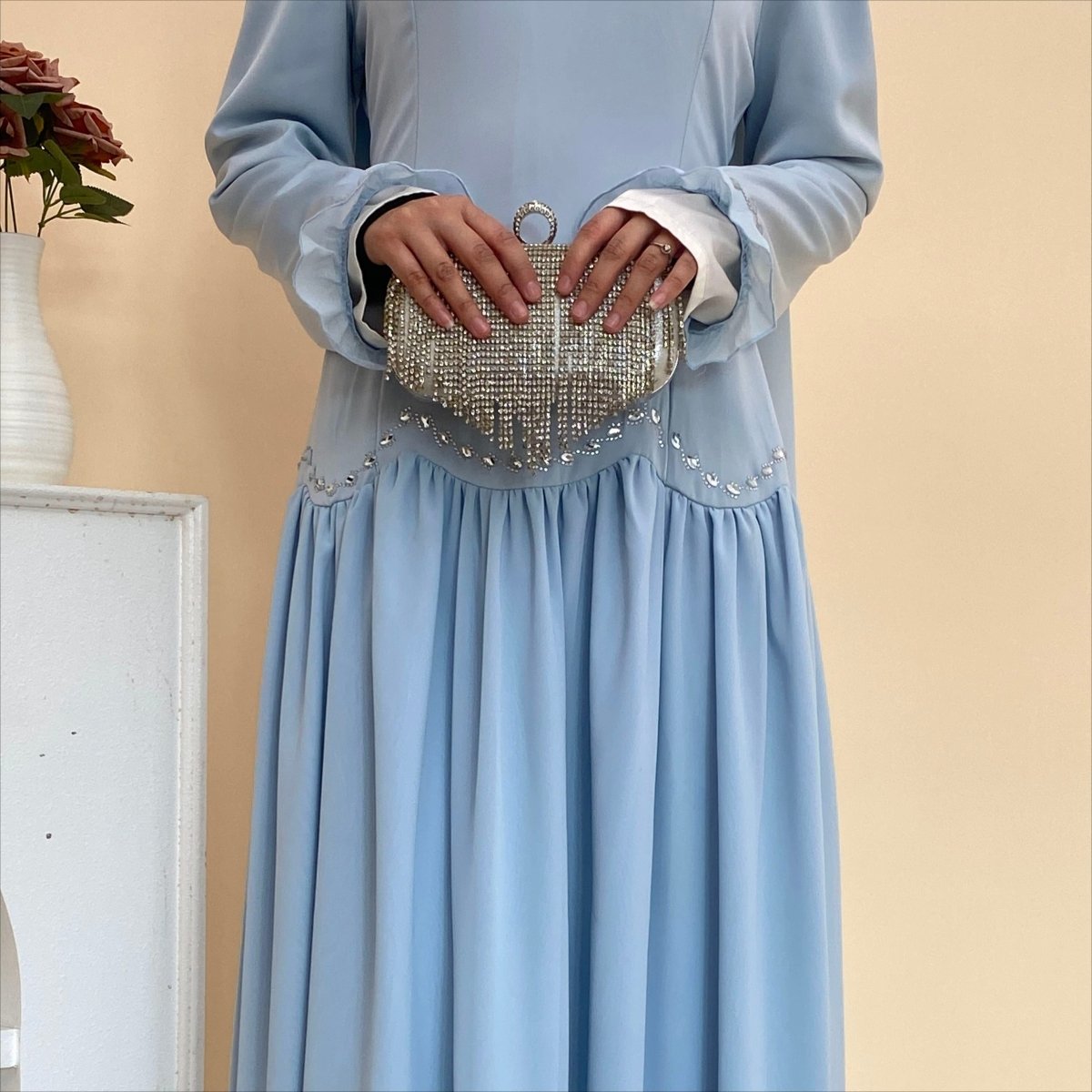 Crystal Waist Chain Dress with Ruffle Cuffs(MS306) - Mariam's Collection