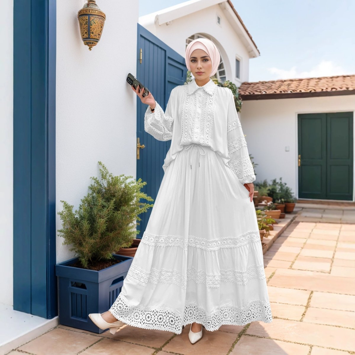 Cutwork Lace Blouse & Tiered Maxi Skirt Set(MS375) - Mariam's Collection