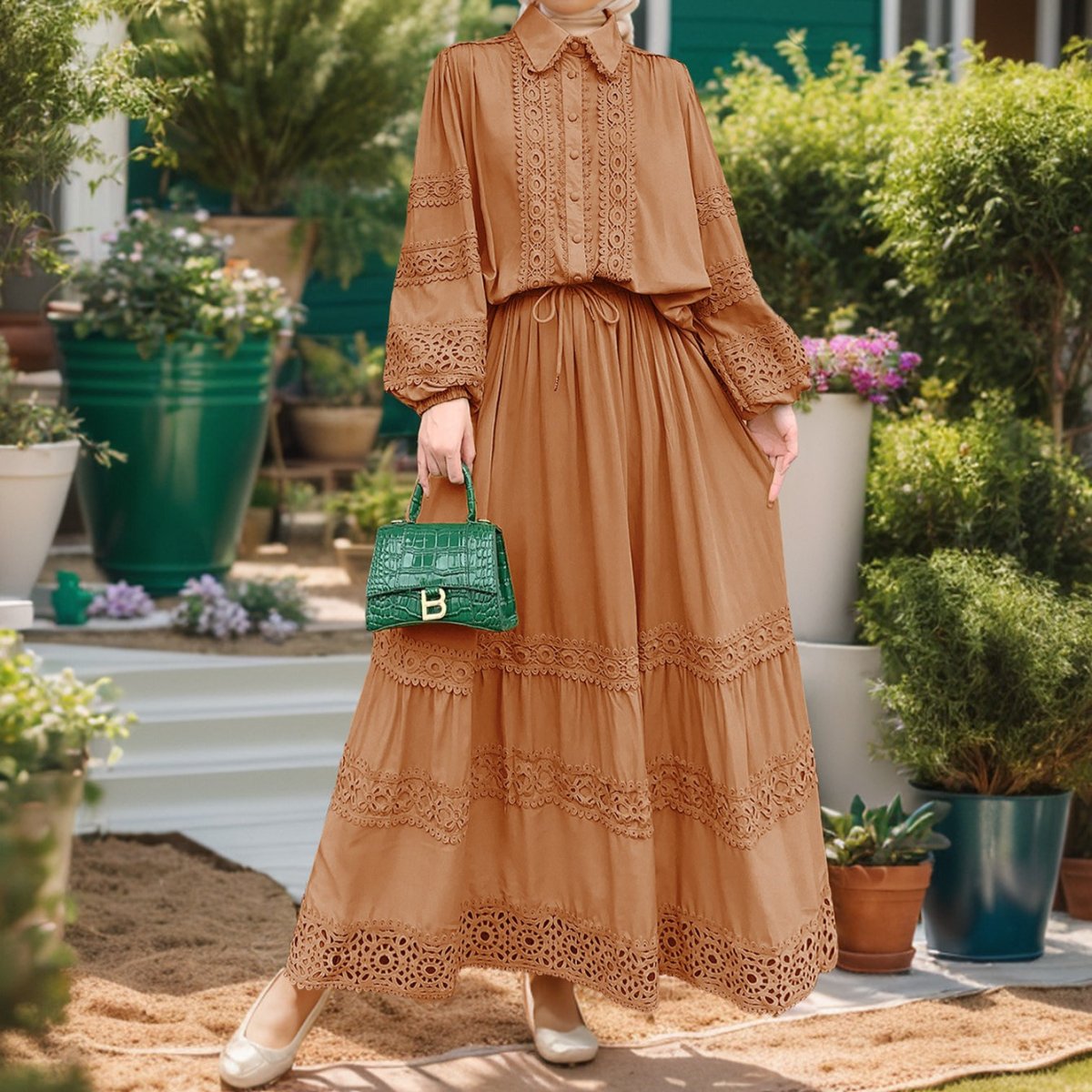 Cutwork Lace Blouse & Tiered Maxi Skirt Set(MS375) - Mariam's Collection