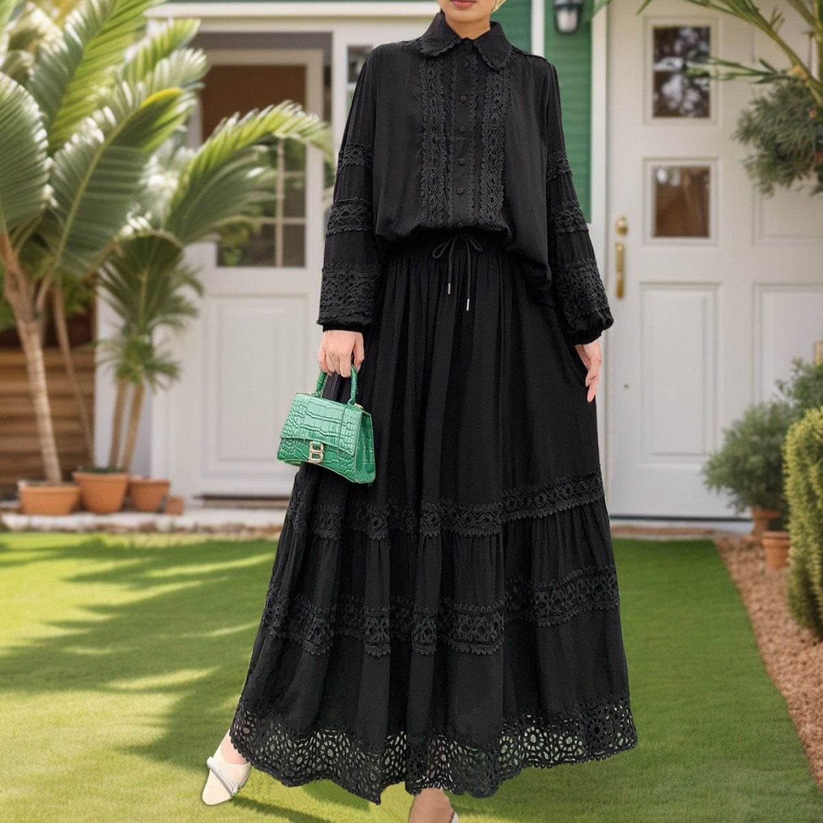 Cutwork Lace Blouse & Tiered Maxi Skirt Set(MS375) - Mariam's Collection
