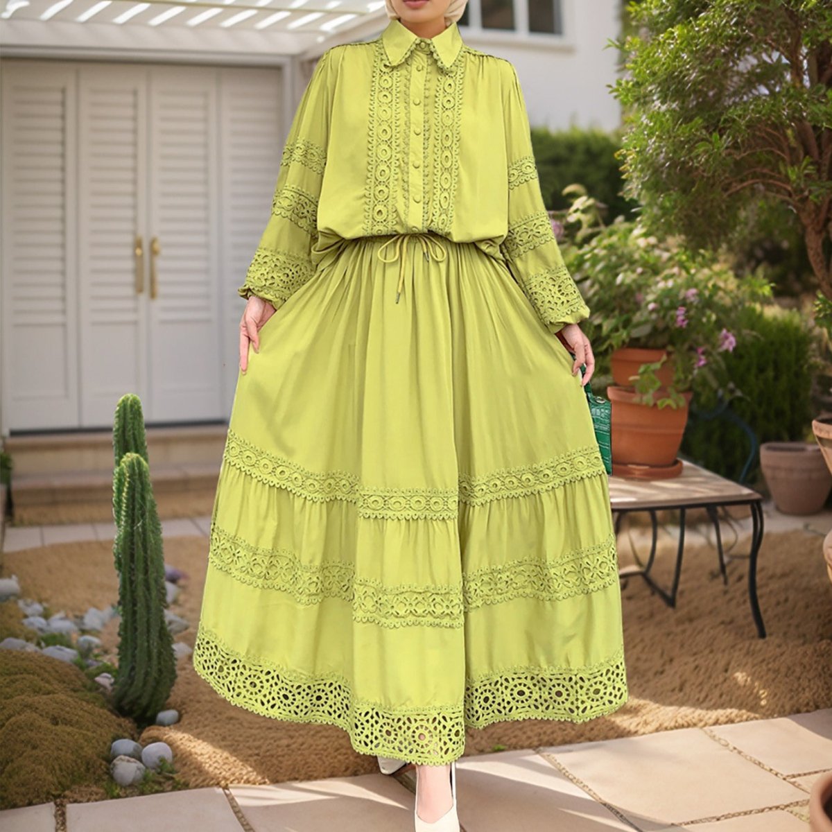 Cutwork Lace Blouse & Tiered Maxi Skirt Set(MS375) - Mariam's Collection