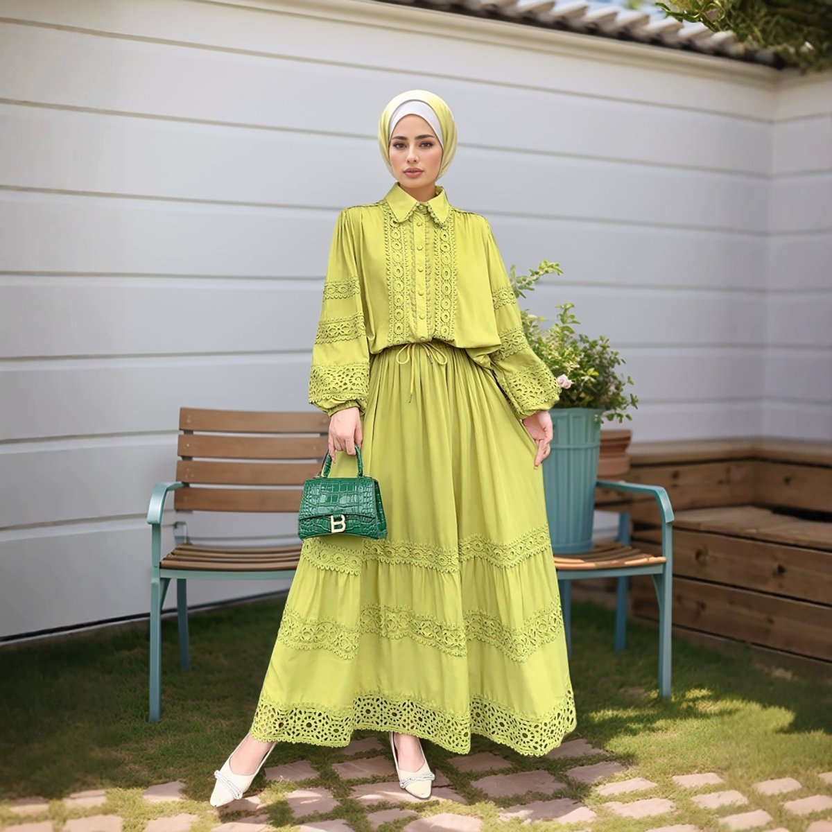 Cutwork Lace Blouse & Tiered Maxi Skirt Set(MS375) - Mariam's Collection