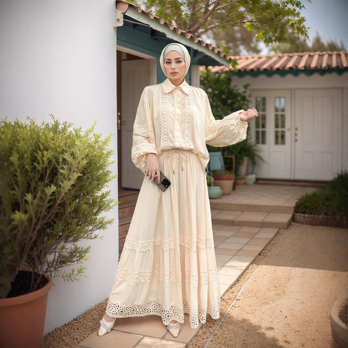 Cutwork Lace Blouse & Tiered Maxi Skirt Set(MS375) - Mariam's Collection