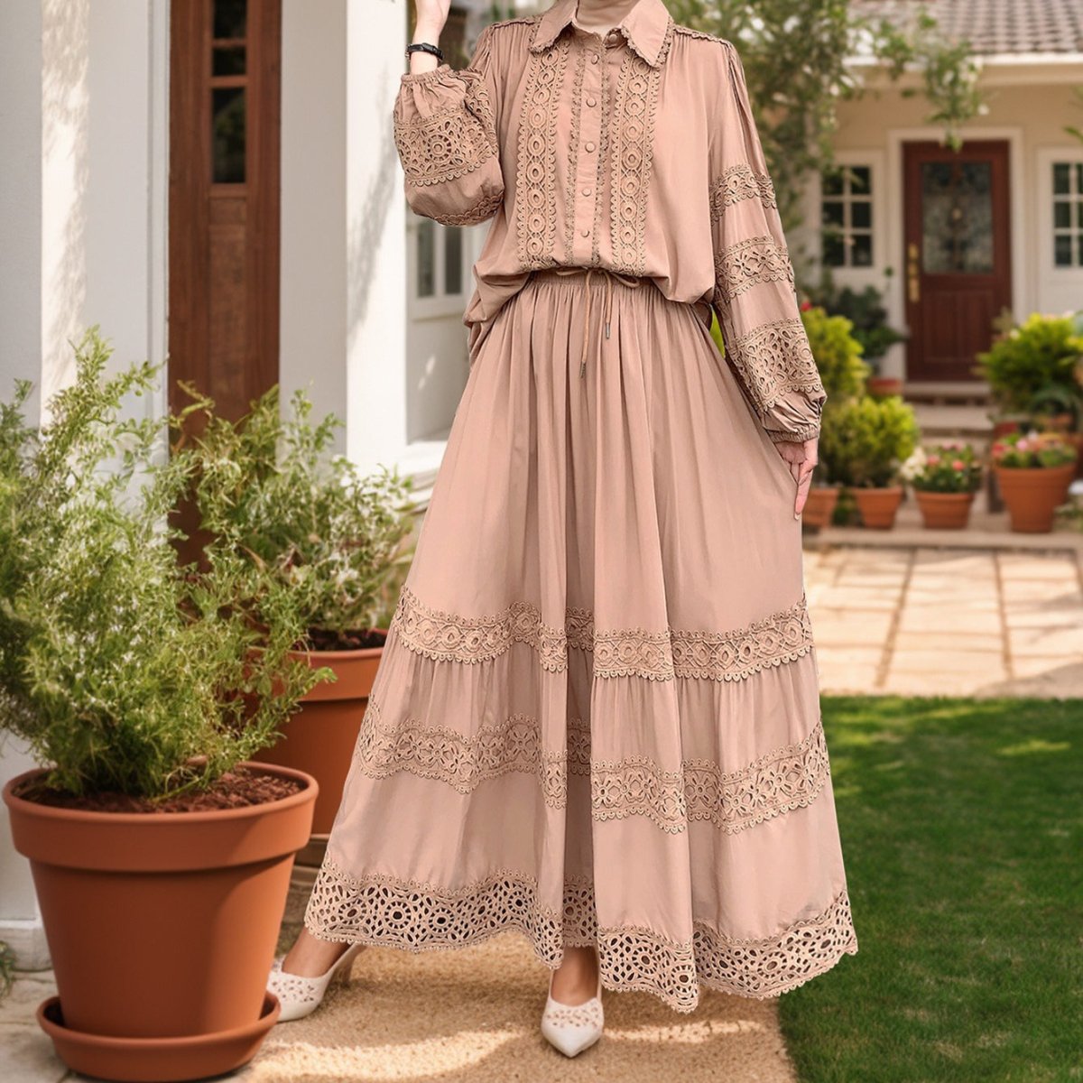 Cutwork Lace Blouse & Tiered Maxi Skirt Set(MS375) - Mariam's Collection