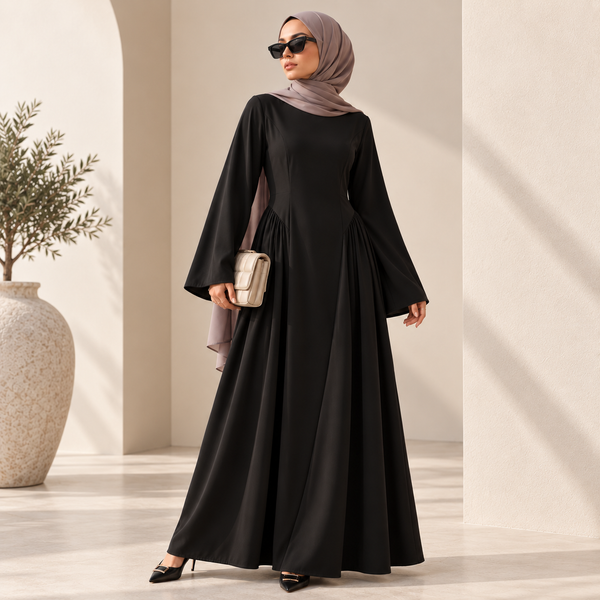 Nida Flared Maxi Dress mit plissiertem A-Linien-Rock & breiten Glockärmeln (MS435)