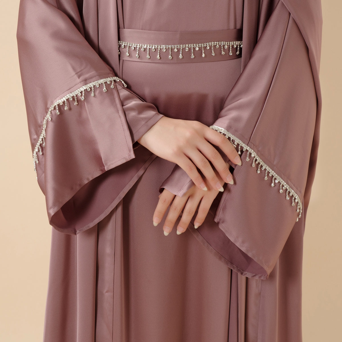 Luxury Satin Abaya With Diamond Tassels Belt,  6-Piece Set (MOA041)
