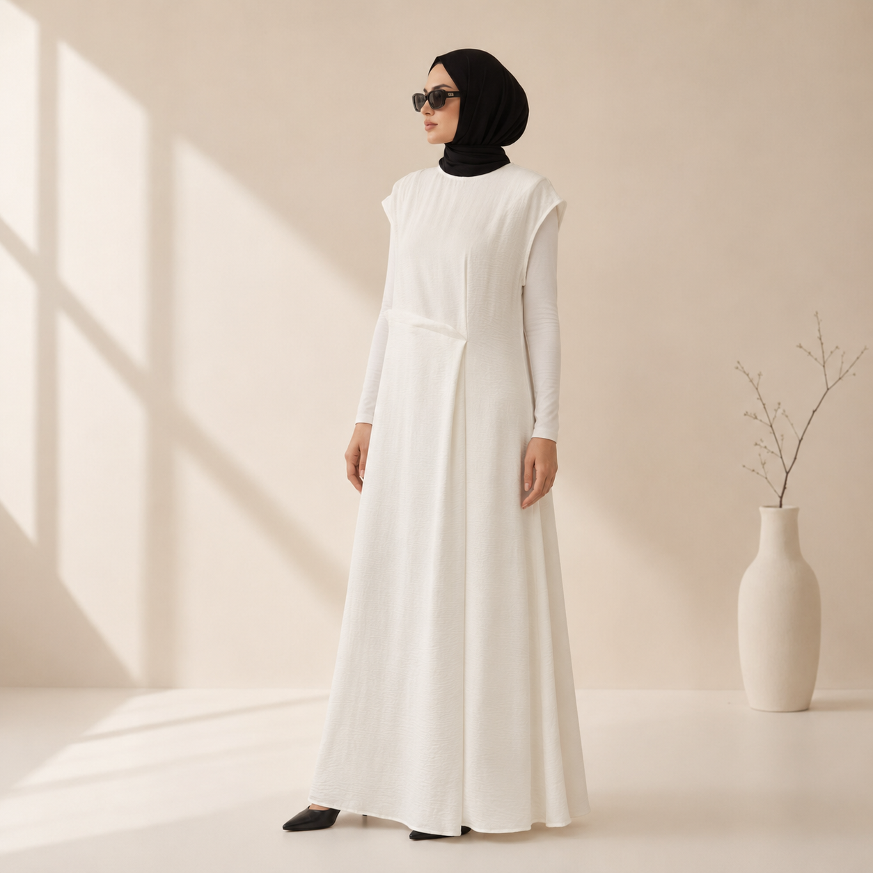 Textured Crepe Cap Shoulder Maxi Dress with Waist Pleat & Back Zip (MS436)(MS436)