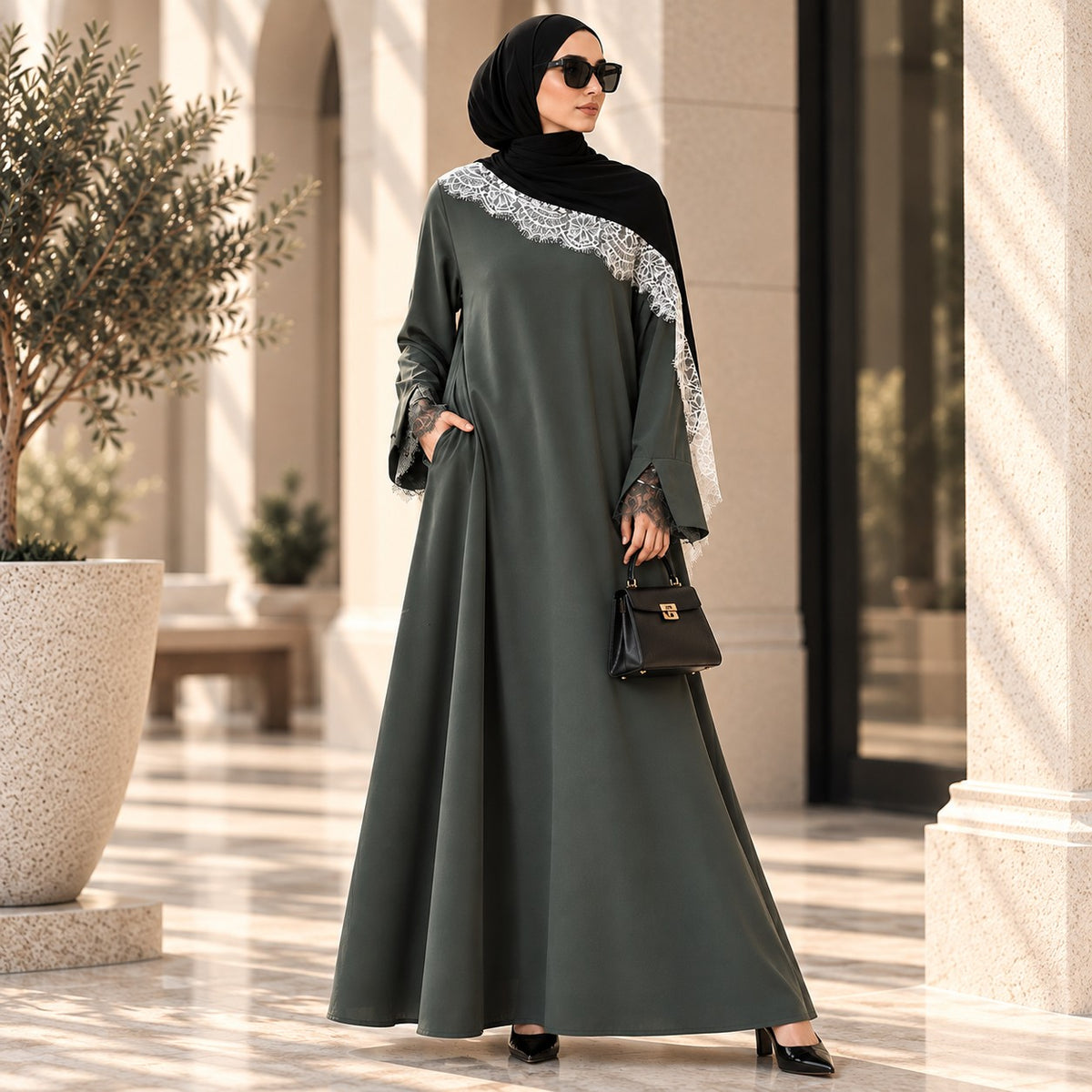 Luxury Nida Umbrella Abaya with Lace Cuffs – Modest Dress
