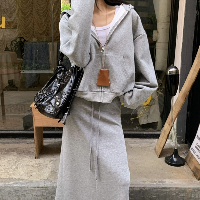 Casual Grey Zip-Up Hoodie & High Waist Drawstring A-Line Skirt Set(MS130)