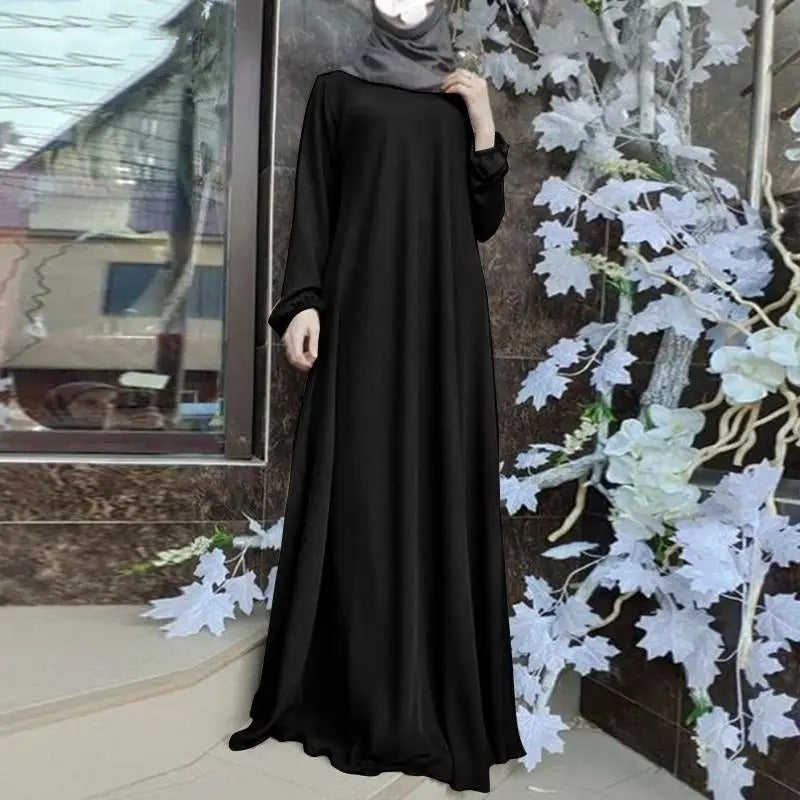 Satin Round Neck Floor Length Abaya | Puff Sleeve Elastic Cuff Maxi Dress(MA303)