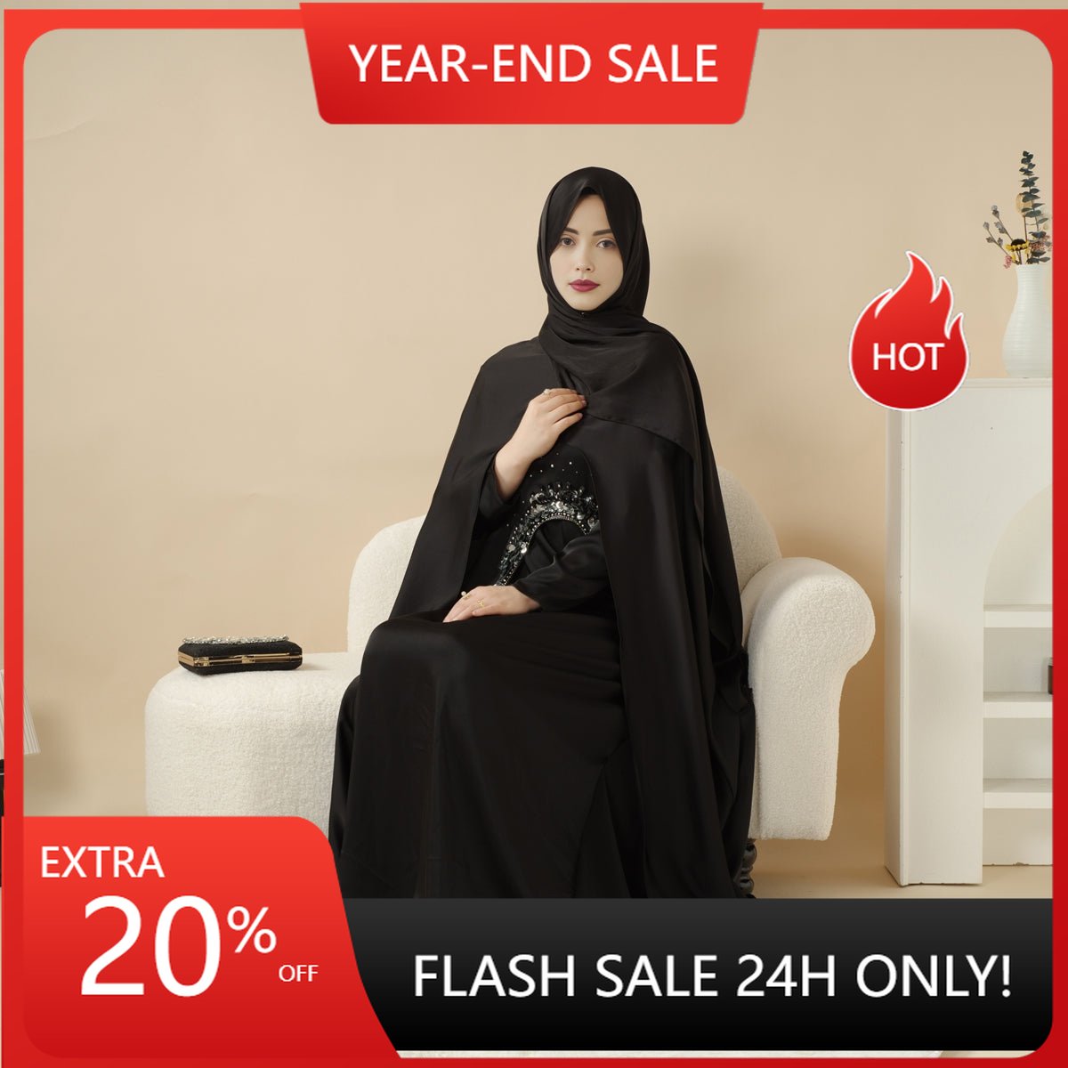 Haute Couture Abaya, Heavy-Crafted 3-Layer Cape Abaya (MA096)