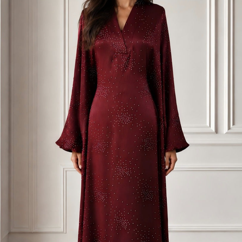 Galaxy Rhinestone V-Neck Flared Sleeve Maxi Dress(MS518)
