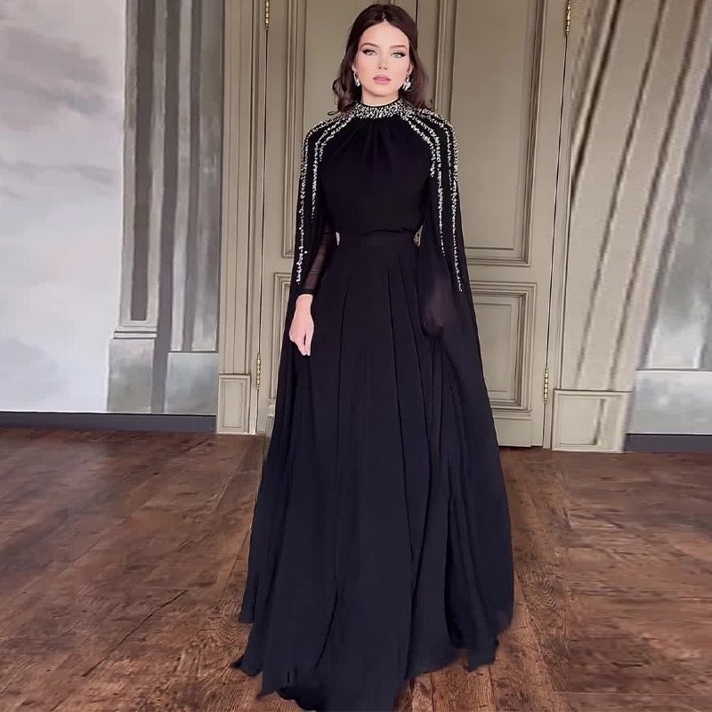 Luxury Rhinestone Embellished Abaya | Flowing Raglan Sleeve Dress with Cinched Waist(MA299)