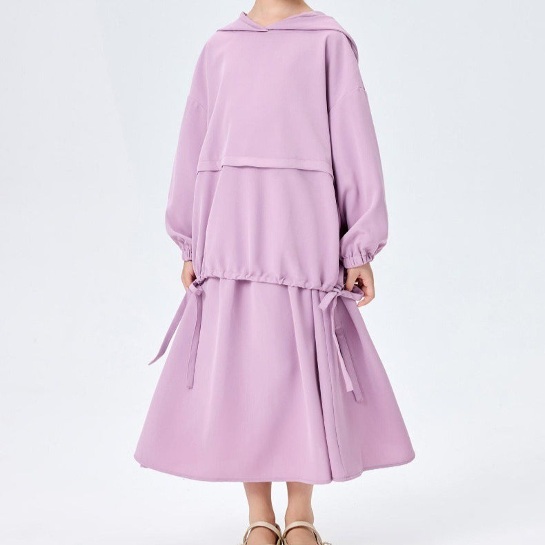 Girls Hooded Drawstring Top & Midi Skirt Two-Piece Set(MKG030)