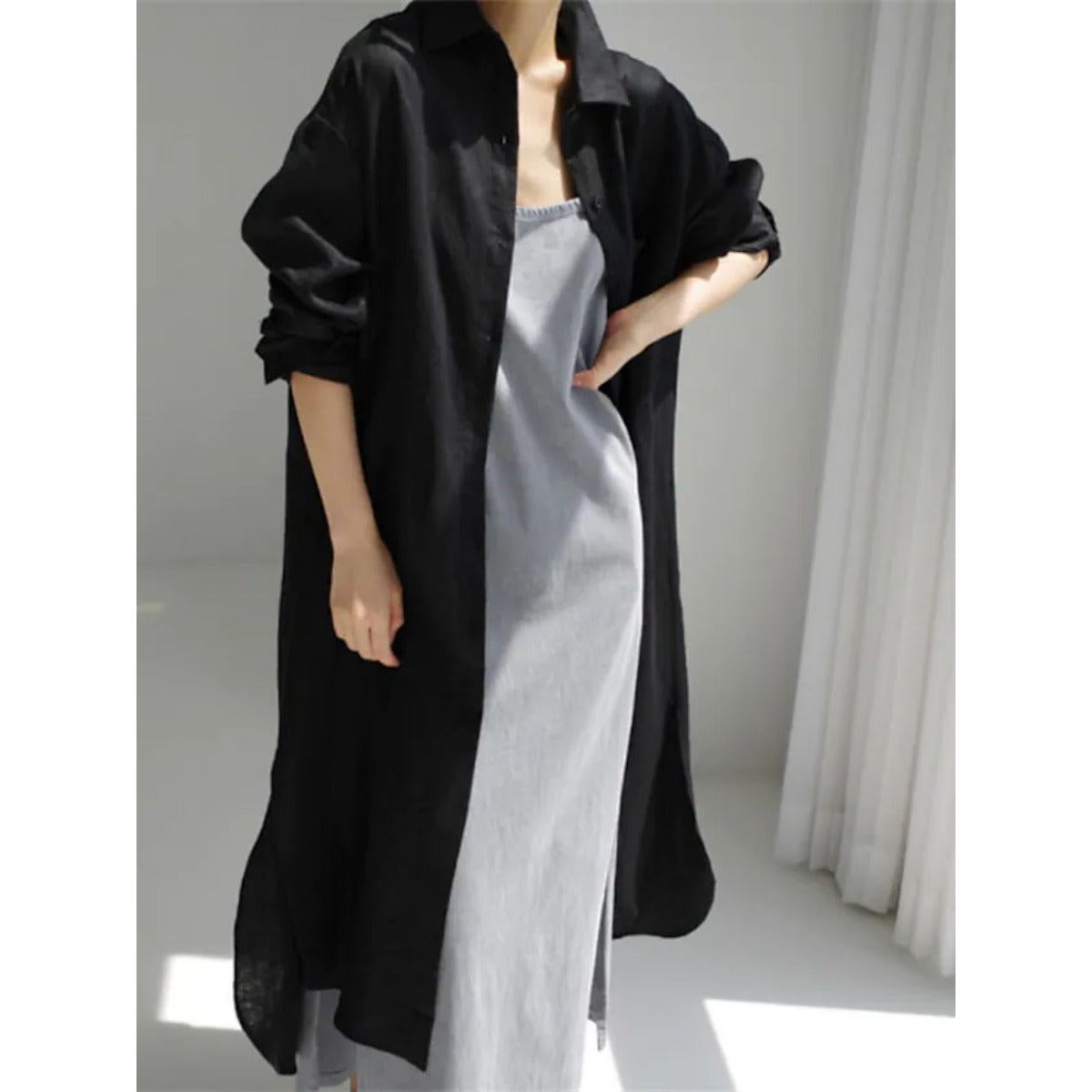 Muslim Casual Elegance Linen-Blend Shirt Dress | Modest Maxi with Button Front & Side Slits. (MS096)