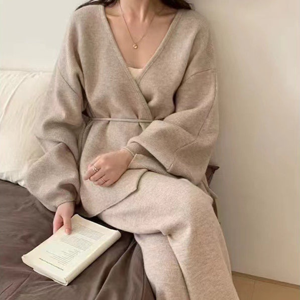 Ribbed Knit Wrap Top & Wide-Leg Trouser Two-Piece Set(MS531)