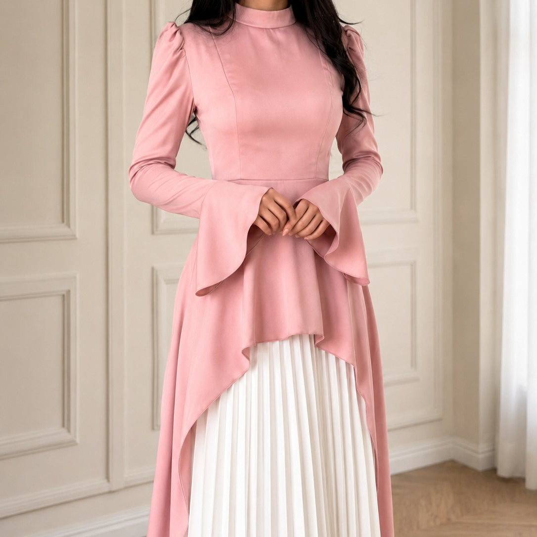 Pink & Ivory Peplum Pleated Maxi Dress(MS512)