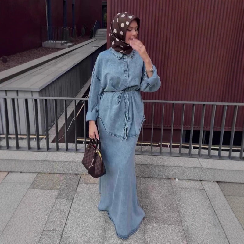 Casual Loose Denim Shirt & Skirt Set | Professional Commuter Two-Piece Outfit(MS132)