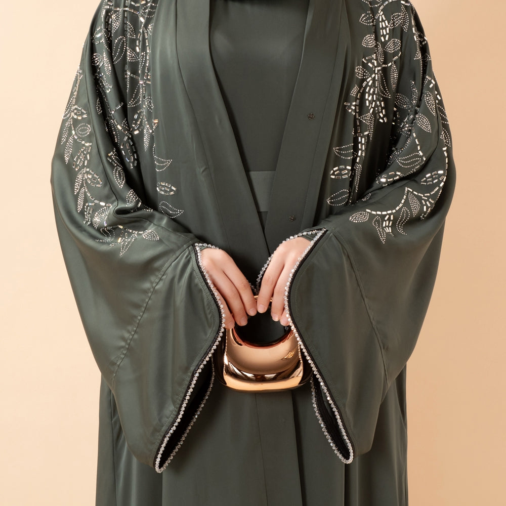 Leaf Embellishment Satin 3-Piece Abaya Set for Eid (MOA244)