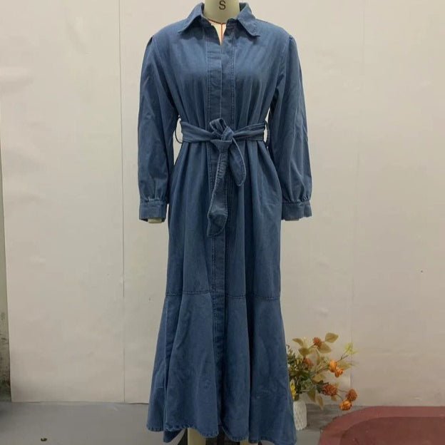 Denim Shirt Dress with Belt(MS330) - Mariam's Collection