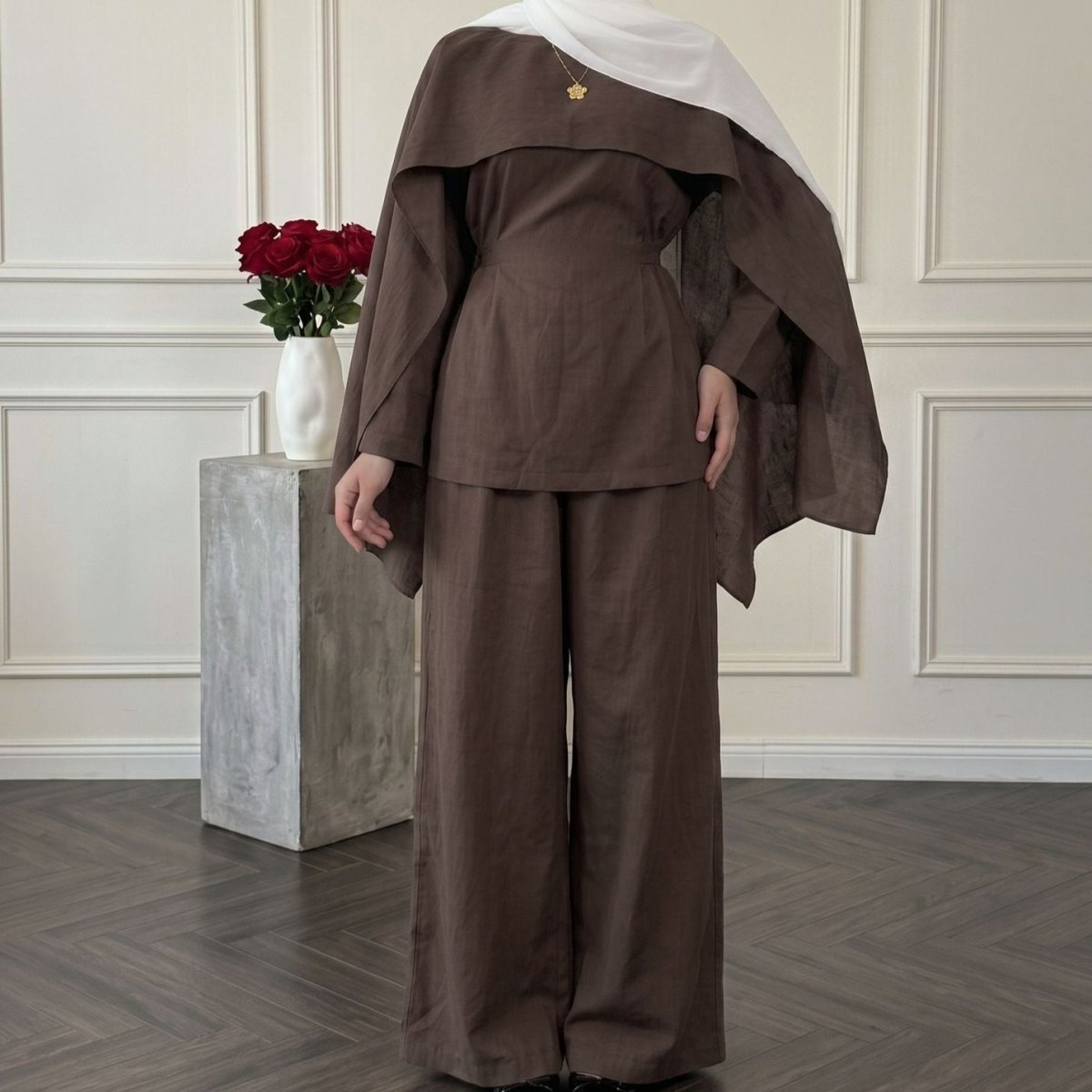 Detachable Shawl Long-Sleeve Top & Wide-Leg Trousers Three-Piece Co-ord Set(MS487) - Mariam's Collection