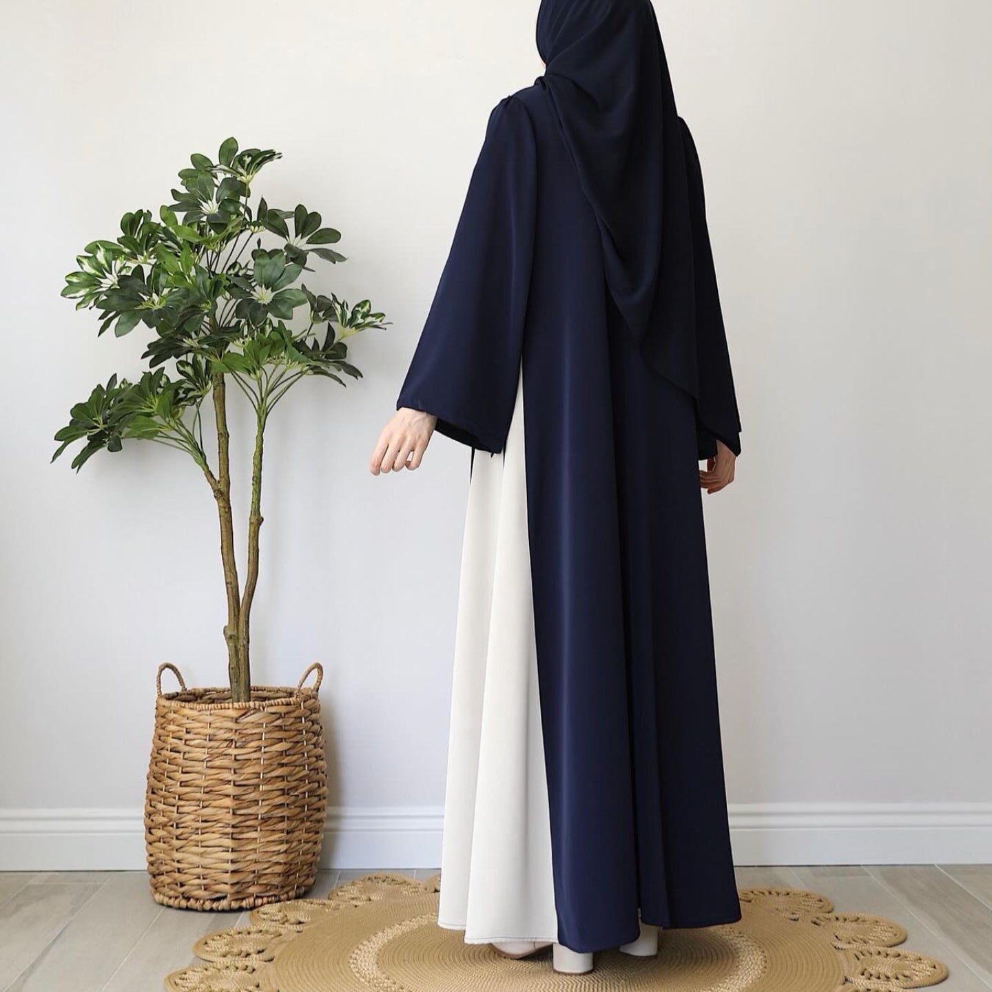 Colorblock Side-Tie Abaya | Two-Tone Round Neck Maxi Dress(MA362)