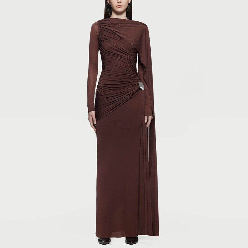 Diagonal Ruched Cape Gown | Asymmetric Draped Long Sleeve Maxi Dress(MS222) brown / XL Diagonal Ruched Cape Gown | Asymmetric Draped Long Sleeve Maxi Dress(MS222) brown / XL